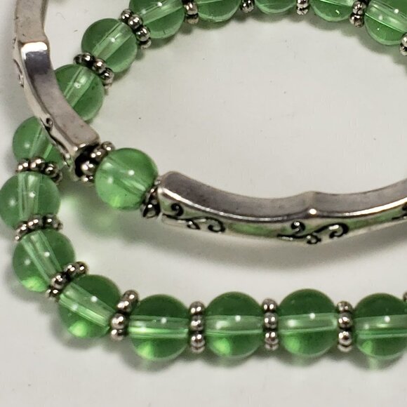 Women's Set Of 2 Silver & Green  Beaded Stretchy Bracelet -  Fashion Jewelry - Picture 4 of 7